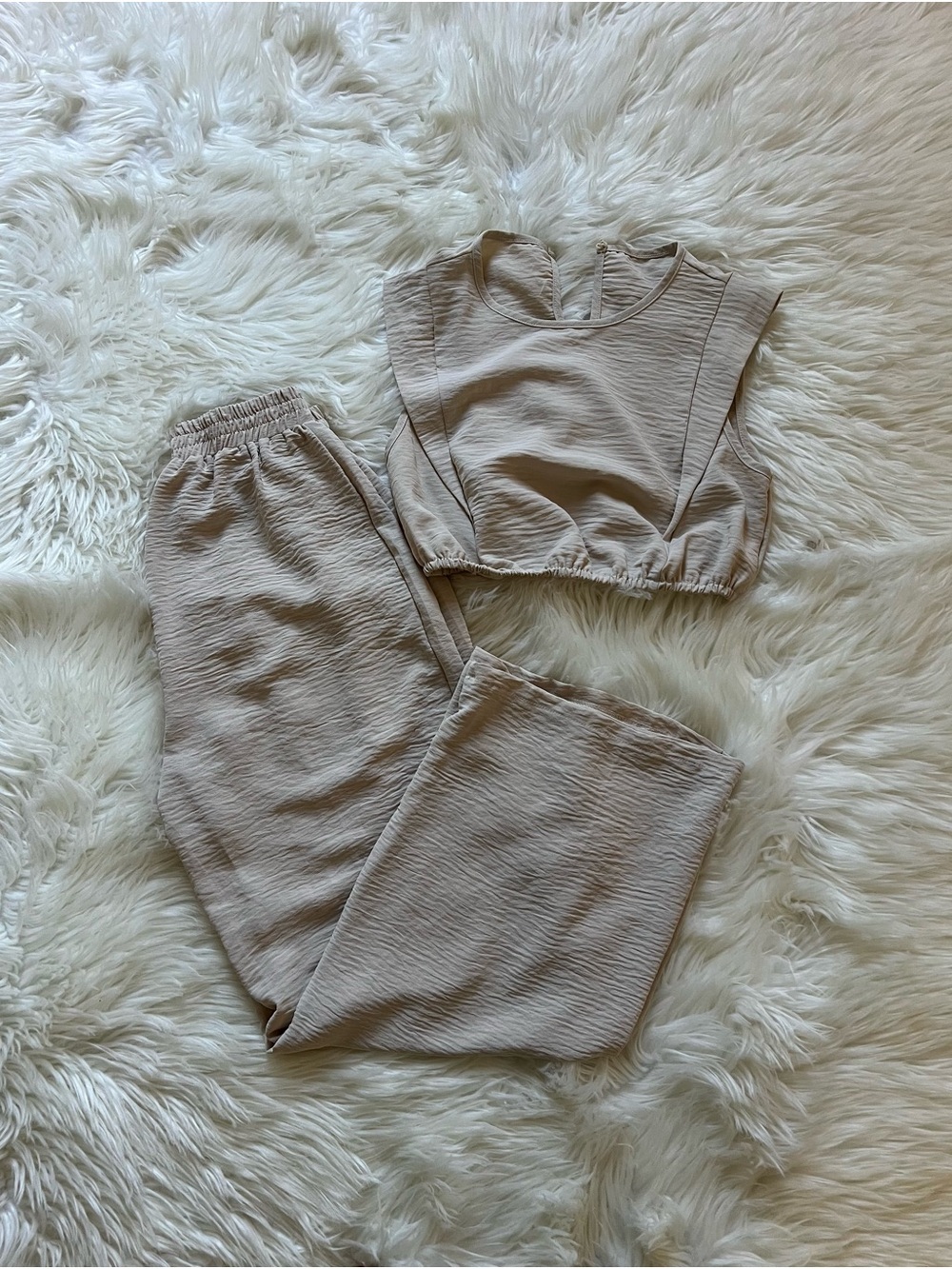 Beige Textured Two Piece Set - Crop Top & Wide Leg Pants
